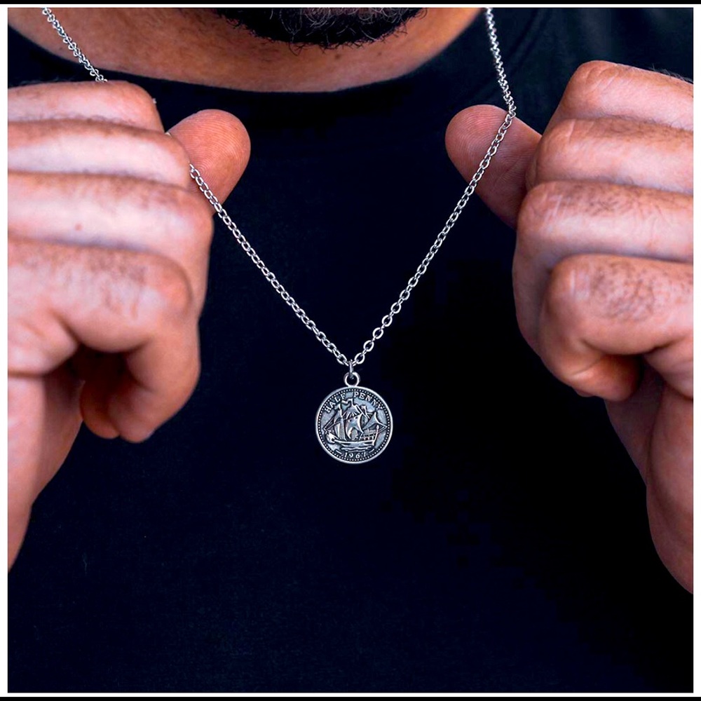 Silver Plated Nautical Ship Coin Necklace